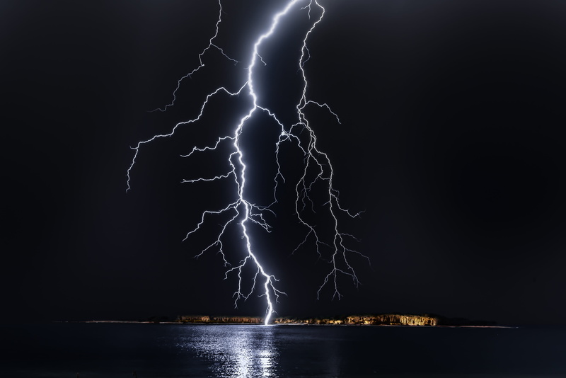 sky, lightning strike, thunderstorm, forked lightning, electricity, strike, reflection, photo, beauty in nature, dark, night, no people, water, illuminated