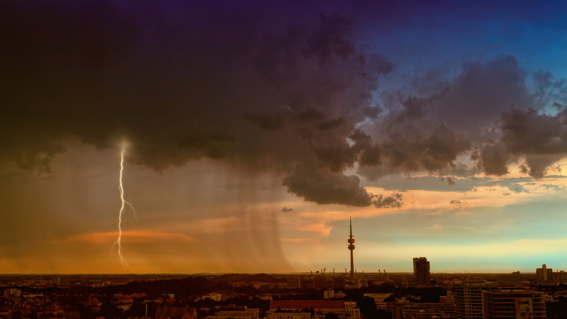 calamity, power in nature, high angle shot, no people, building exterior, thunderstorm, building, lightning, outdoors, architecture, rain, storm cloud