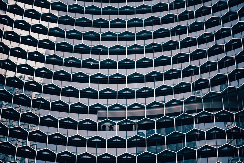 laminated, building Exterior, in a row, blue, technology, alloy, steel, windows, three-dimensional Shape, grid, illustration, business, hexagon, urban Scene