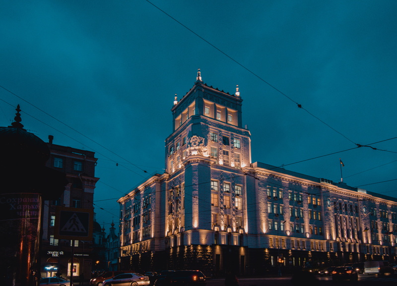 evening, kharkiv, building exterior, cable, sky, built structure, architecture, ukraine, nature, illuminated, city, tall - high, connection, travel destinations