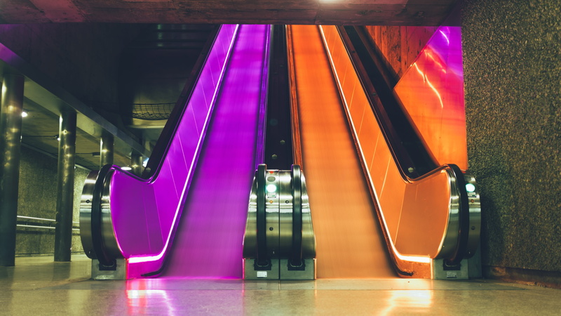 purple, underground, building, neon, tiled floor, absence, railing, architectural column, transportation, flooring, no people, ceiling, modern, oslo, night