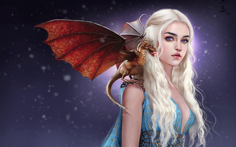 dragon, art, 2K, white, thrones, illustration, anime, emilia, haired, woman, emilia clarke, game, shoulder, clarke