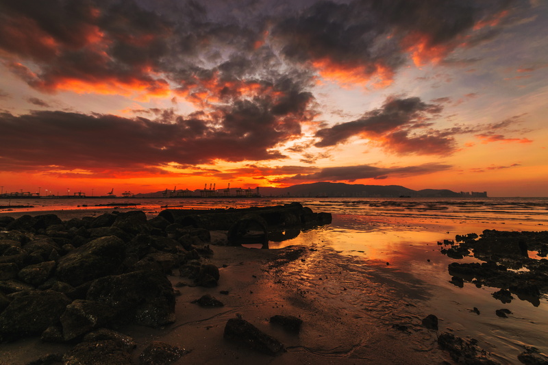 5K, butterworth, horizon over water, orange, malaysia, nature, rock, water, scenics - nature, sea, beauty in nature, solid, beach, tranquil scene, sunset