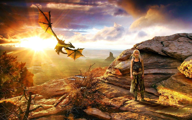  Emilia Clarke, sunset, TV Show, outdoors, Game Of Thrones, sky, non-urban scene, rock, tranquility, solid, mountain, game, lens flare, Dragon