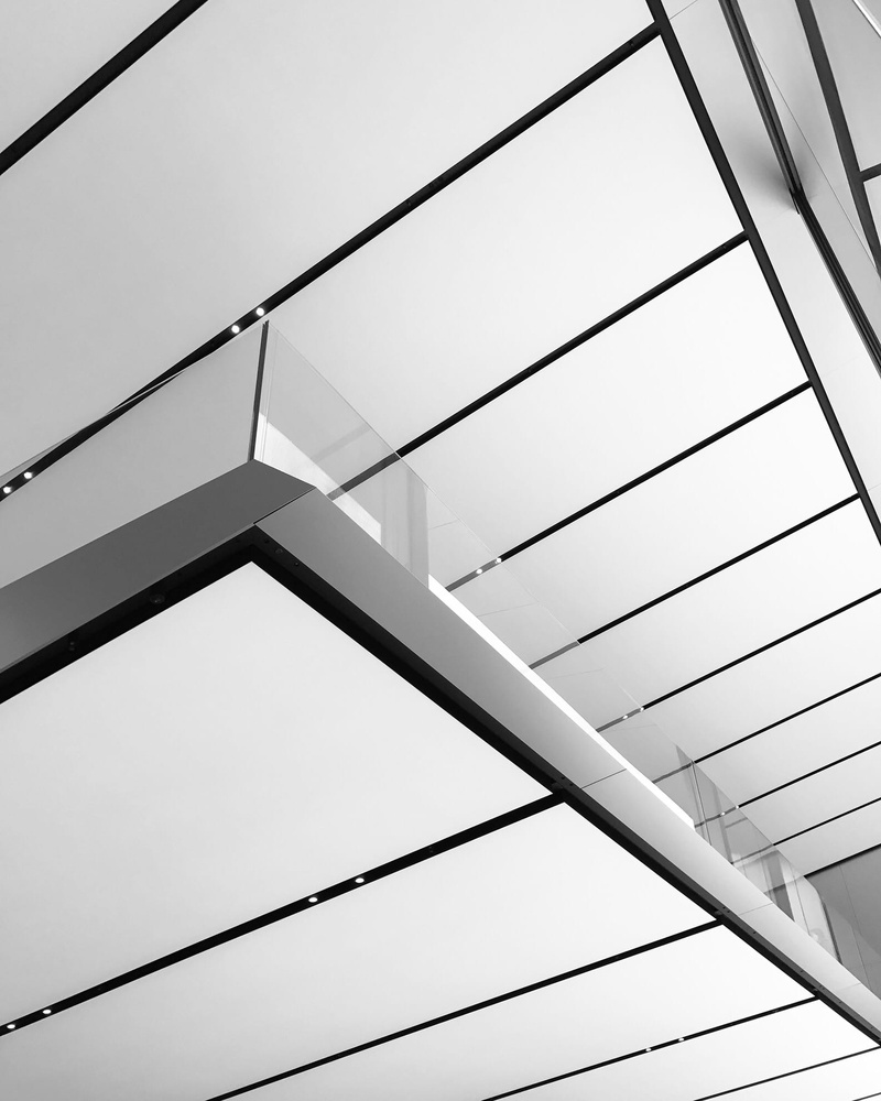 ceiling, no people, bandw, tall - high, building exterior, clear sky, full frame, day, built structure, building, united states, geometric shape, office