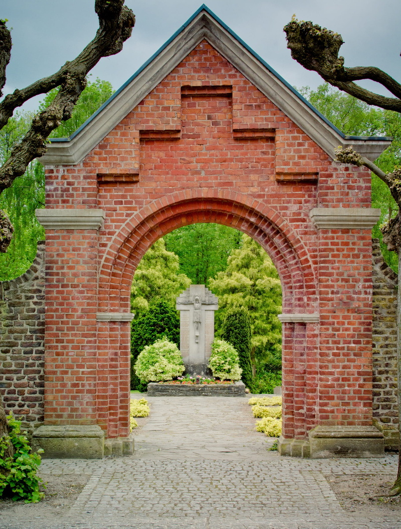 goal, Archway, entrance, outdoors, tree, passage, bricked, cemetery, Bricks, brick wall, klinkertor, input, architecture, day, cologne, house, park, clinker