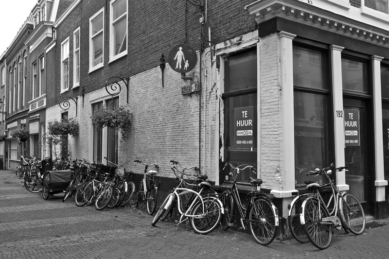 building, window, scene, residential district, city, black white, day, architecture, built structure, live, holland, land vehicle, bicycles, parking, structure