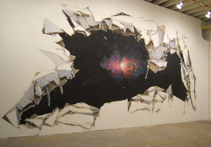 indoors, outer space wall artwork, demolished, misfortune, reflection, day, destruction, exploding, broken, architecture, cracked, digital composite, damaged