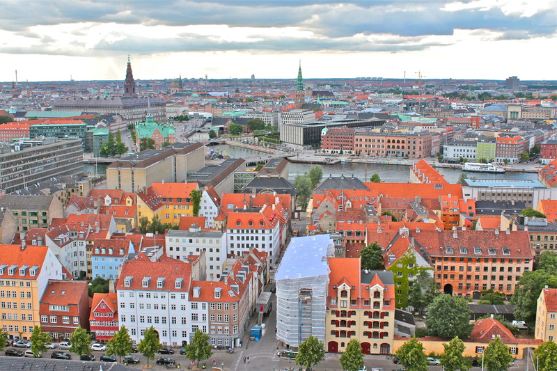 copenhagen, roof, vacations, romantic, outlook, high contrast, historic center, sky, blue, houses, building, denmark, landmark, water, high angle view