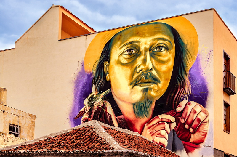 outdoors, decorative, building, male likeness, painting, human representation, hauswand, close-up, mural, built structure, spray, puerto de la cruz, 4K