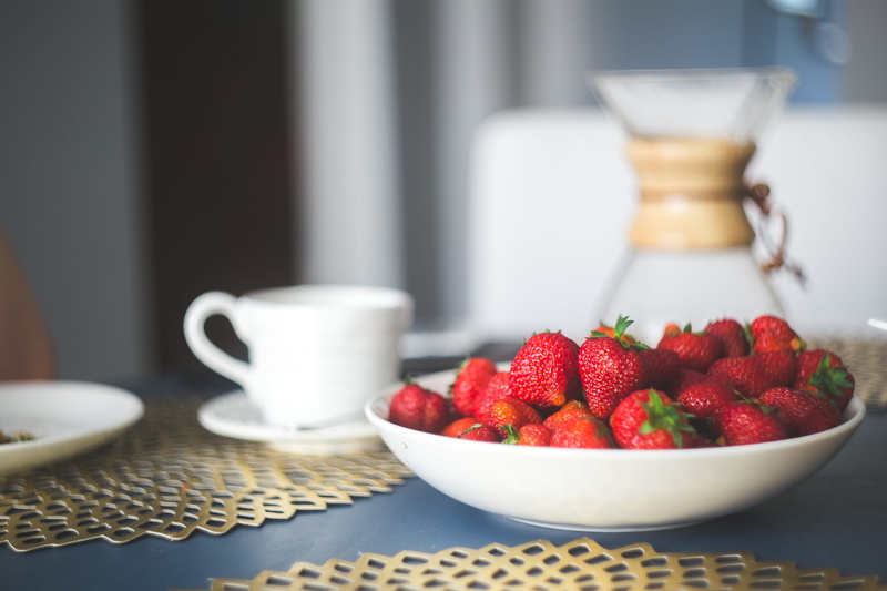vegetarian, plate, glass, fresh, morning, dish, nutrition, bunch, strawberry, white, bowl, strawberries, refreshment, ripe, pitcher - jug, wooden, table