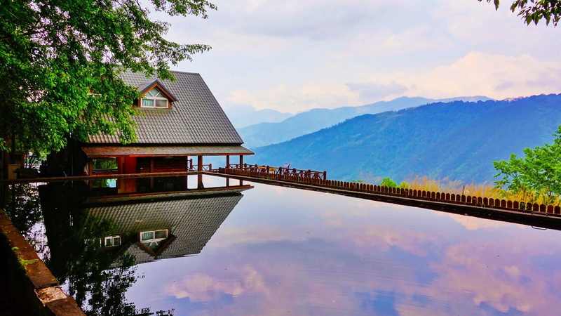 outdoors, house, mountain range, plant, mountain, tree, travel destinations, nature, building exterior, lake, 1080P, photography nature landscape water reflection house fence mountains brume trees sky taiwan