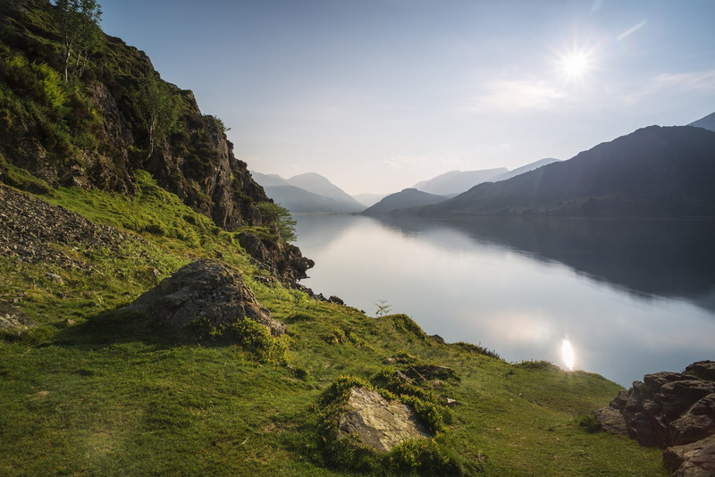 sky, reflection, sun, grass, photography, lake, 720P, Far View, landscape, Brume