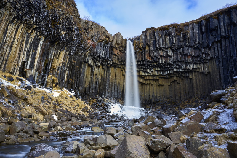 sky, ruins, cliff, tranquility, 5K, nature, geology, formation, cold, beauty in nature, sea, frozen, mountain, river, waterfall, day, falling water, coast