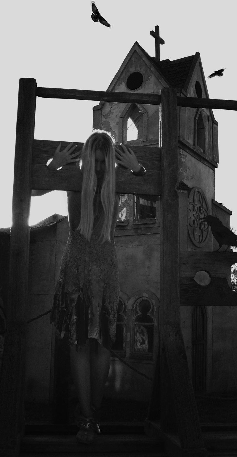 arms raised, standing, bondage, dark, lifestyles, human arm, young women, long hair, hair, full length, female, mystery, architecture, death, bracelet