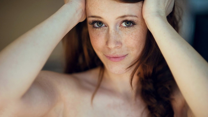 model, Hands On Head, Chad Suicide, redhead, 1080P, Freckles, portrait, Long Hair, Looking At Viewer, Charlotte Herbert, smiling, blue eyes, women, face