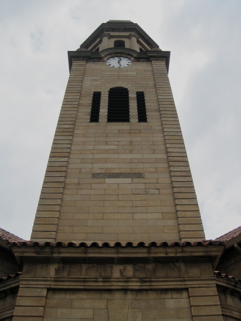 clock, bell tower, 2K, travel destinations, day, sir herbert baker, church, time, outdoors, red tiled roof, cloud - sky, low angle view, sand color, sky