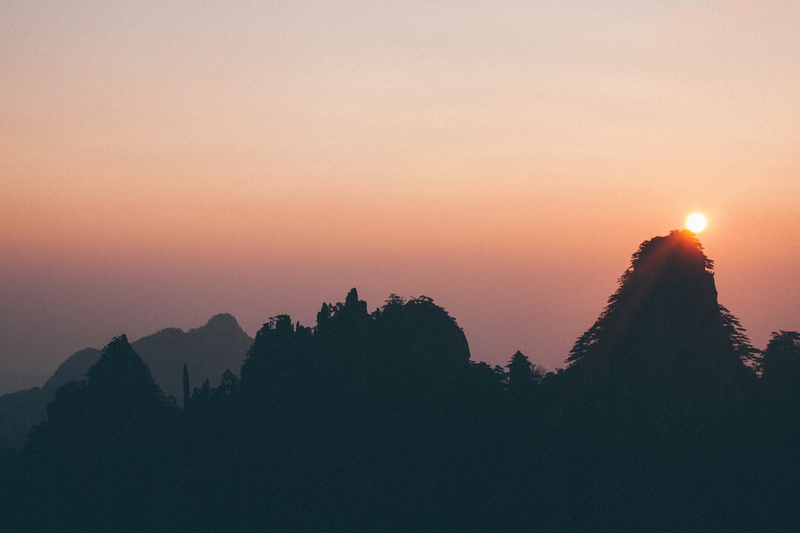 huangshan, landscape, sunset, non-urban scene, architecture, sun, forest, outdoors, sunlight, 4K, mountain, plant, tree, scenics - nature, tranquil scene
