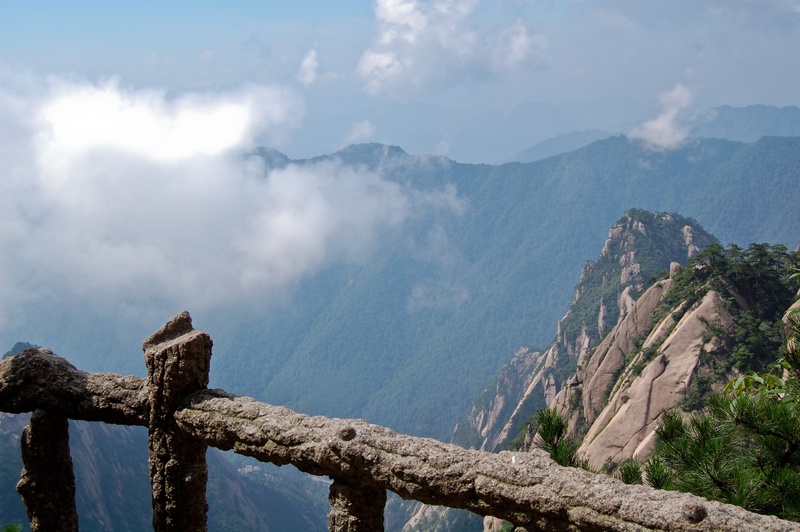 tranquility, formation, nature, environment, coniferous tree, china, day, landscape, outdoors, 2K, rock, fog, non-urban scene, sky, mountain, huangshan
