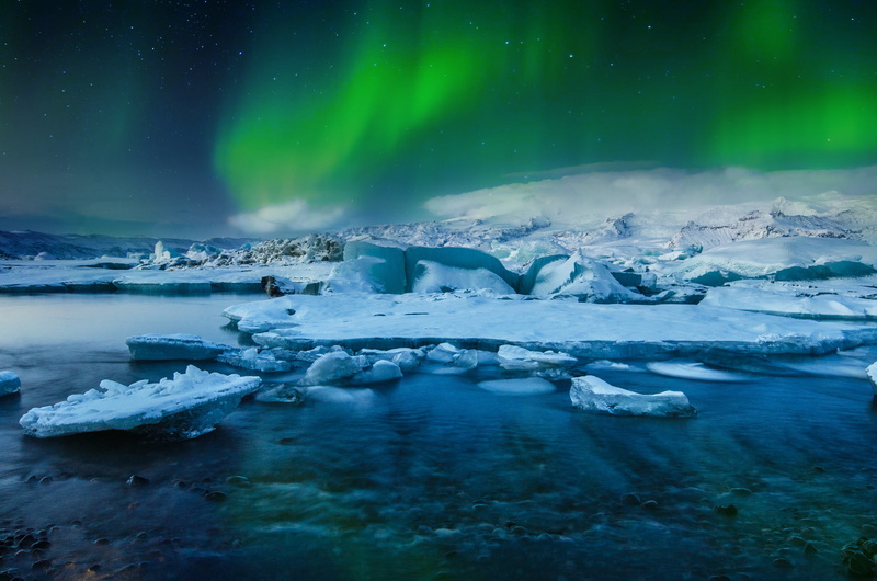Winter, Frozen, Lake, Ice, Snow, Borealis, Glacial, Lights, Jökulsárlón, Stars, Aurora, 1080P, Northern, Iceland
