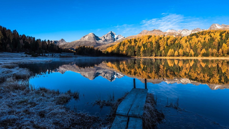 mountain, lake, no people, autumn, lake staz, nature, waterfront, blue sky, sky, plant, symmetry, day, non-urban scene, switzerland, tranquility, alps