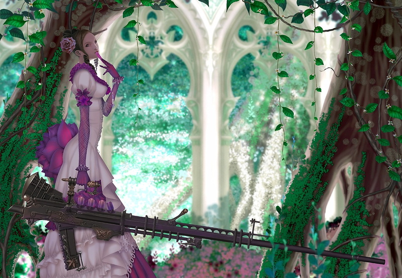 art, dress, girl, trees, weapons, arch, rose, 1080P, rifle, ivy, wen-m