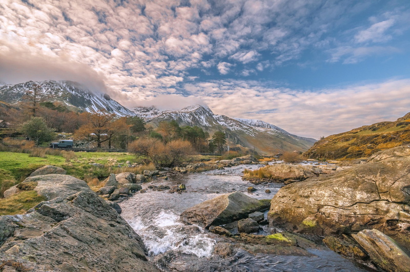 clouds, valley, 1080P, Wales, stones, Ogwen, mountains, river, landscape