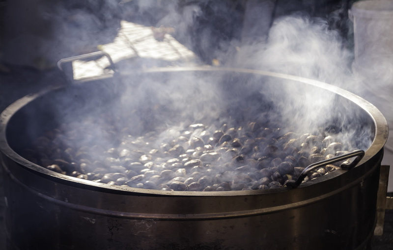 close-up, roasting chestnuts, freshness, preparation, household equipment, preparing food, boiling, smoke - physical structure, saucepan, seasonal, autumn
