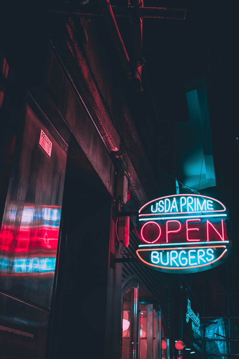architecture, white, neon lights, hong kong, communication, shop, turned, burgers, illuminated, sign, reflection, capital letter, usda, text, store, neon