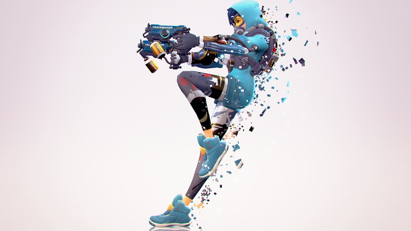 digital art, dispersion, Tracer (Overwatch), white  background, simple background, 1080P, video games, Overwatch