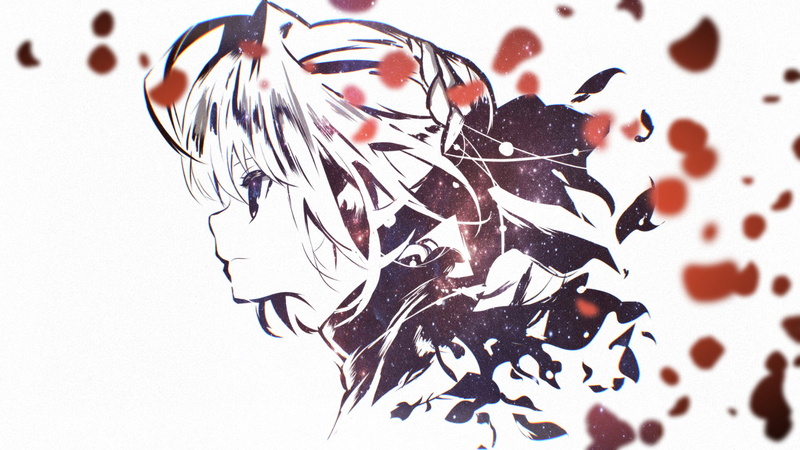 red petals, rose petals, petals, stars, white, universe, Fate/Extra, anime girls, Amictus, dispersion, profile, 1080P, ribbon, ahoge, Nero Claudius, low