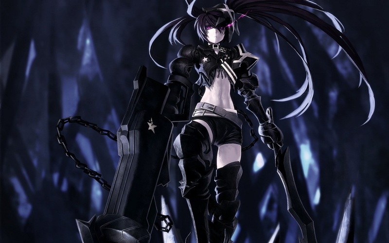 boots, 1080P, collar, shorts, Black, chai, shooter, art, hot, hair, anime, hd, dark, armor, twintails, weapons, belts, stars, long, rock