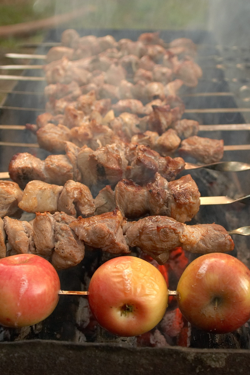 frying, day, food and drink, nature, outdoors, wellbeing, summer, freshness, meat, skewers, focus on foreground, 2K, food, tomato, no people, healthy eating