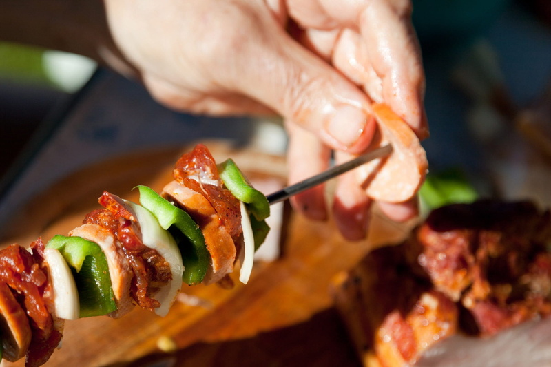 skewer, grill, close-up, chicken meat, freshness, eating, kebab, white meat, person, indoors, roast, human body part, healthy eating, meal, focus on foreground