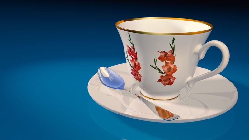 3d model, ceramics, drink, coffee cup, blue, blue background, crockery, studio shot, tea cup, mug, food and drink, cup, floral pattern, hot drink, tea