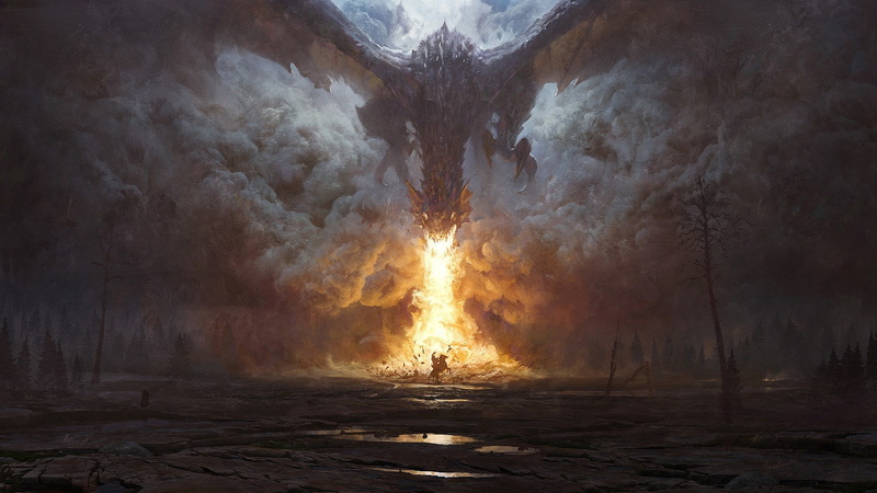 horse, 1080P, knight, fire, smoke, water, dragon, Trees