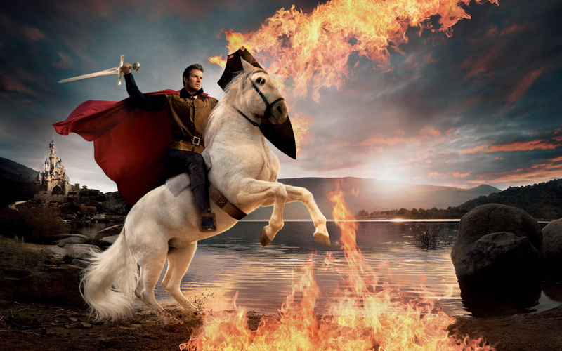 sword, cloak, castle, fire, Prince on a white horse, David Beckham, flame, 2K