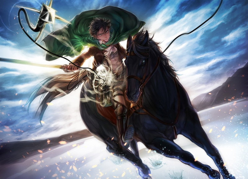 cape, shingeki, rivaille, horse, black, weapon, 720P, male, short, uniform, hair, boots, kyojin, sword, dgray, animal