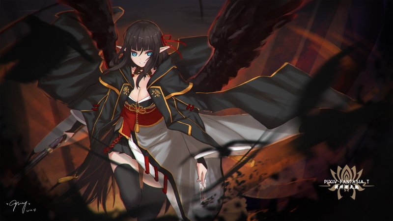 weapon, wings, anime, skirt, blue eyes, Pixiv Fantasia T, 1080P, cleavage, anime girls, long hair