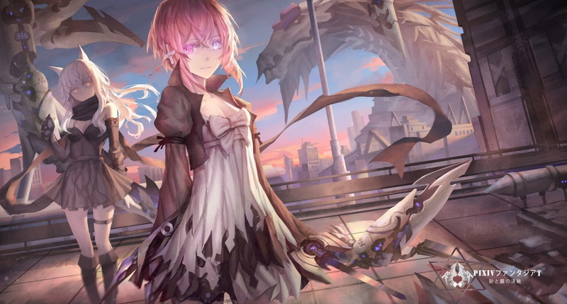 720P, pink hair, long hair, yellow eyes, Pixiv Fantasia T, dress, anime, short hair, scarf, heterochromia, dragon, city, animal ears, fantasy weapon, anime girls