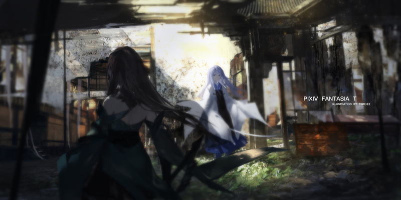 Blue Hair, Black Hair, CGI, Yukata, 1080P, Pixiv Fantasia, Anime, Warrior, Long Hair, Pixiv Fantasia T, Ruin, Japanese Clothes, Girl, Digital Art