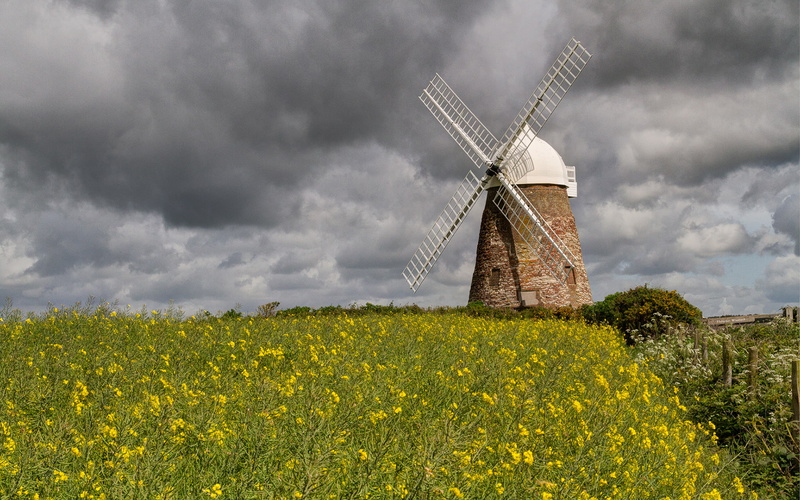 windmill, 1080P, clouds, hd, nature, grey, wind, mill, field, white