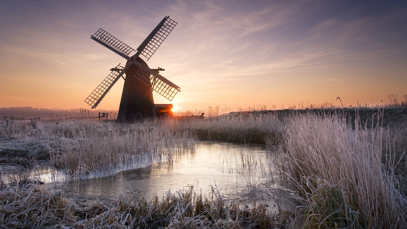 sunset, windmill, winter, 1080P, Netherlands