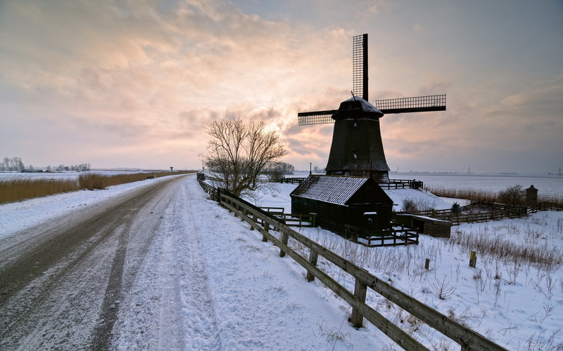 2K, Windmill, Road, Snow, Winter, Sunset