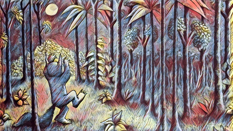 painting, Maurice Sendak, pattern, outdoors, Moon, backgrounds, black, trees, high angle view, still life, full frame, Where the Wild Things Are, brown
