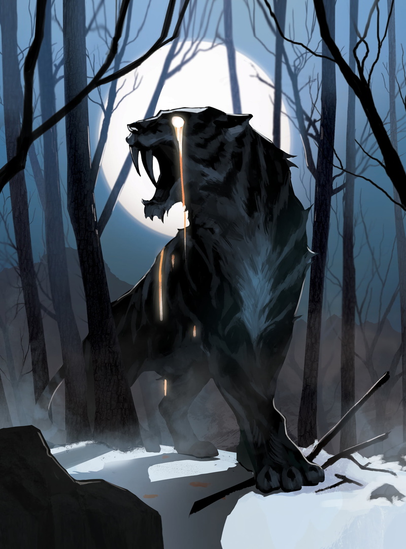 Sunghee Park, fangs, teeth, snow, animals, artwork, vertical, night, 2K, sabertooth, digital art, tiger