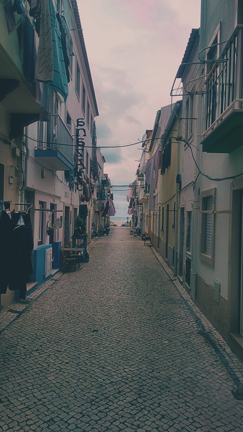 built structure, fishermen, day, cobblestone, building, house, tiles, nature, building exterior, street, town, water, sky, nazaré, direction, 2K, portugal