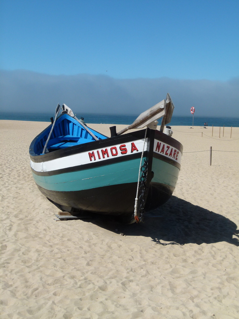 scenics - nature, nautical vessel, blue, tranquility, sky, sea, holiday, western script, nazaré, travel, outdoors, sand, transportation, water, portugal