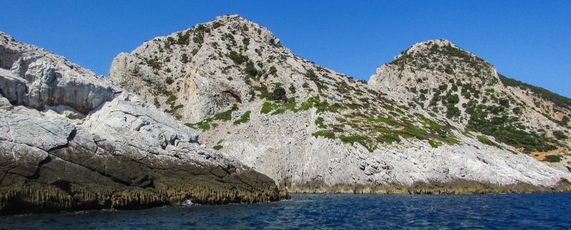 water, tranquil scene, sea, pine tree, mountain peak, clear sky, coastline, nature, outdoors, non-urban scene, environment, mountain range, coniferous tree