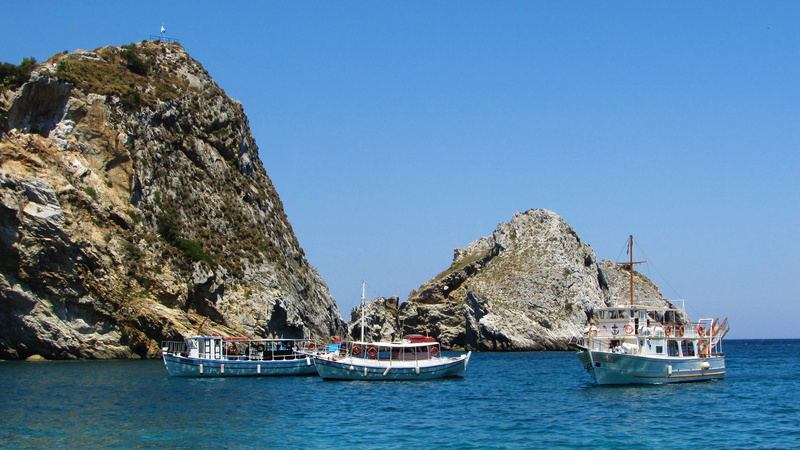 water, island, beauty in nature, landscape, rock formation, 4K, nautical vessel, harbor, sea, cliffs, rock - object, clear sky, yacht, Greece, mediterranean